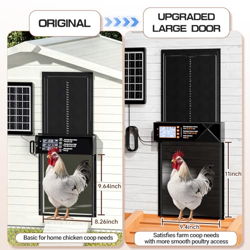 Automatic Chicken Coop Door Solar Powered, Extra Large Auto Chicken Door Mix 4 Modes with Timer & Light Sensor, USB-c Charging, Anti pinch & Alert, Remote, LED Screen, Aluminum Weather Proof Coop Door