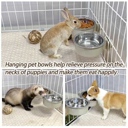 kathson Lightweight Stainless Steel Pet Bowls, Removable Crate Dog Bowl Hanging Pet Food Water Feeder Bowl, Cage Coop Cup for Puppy Cat Rabbit Ferret Birds Guinea Pigs (2pcs) - size: 2pcs