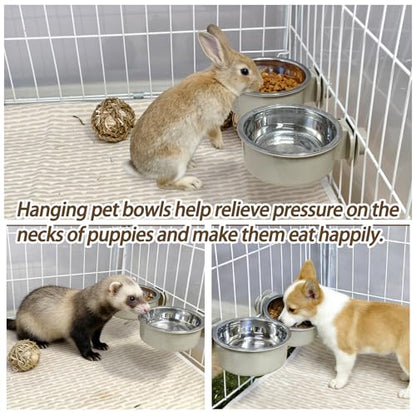 kathson Lightweight Stainless Steel Pet Bowls, Removable Crate Dog Bowl Hanging Pet Food Water Feeder Bowl, Cage Coop Cup for Puppy Cat Rabbit Ferret Birds Guinea Pigs (2pcs) - size: 2pcs
