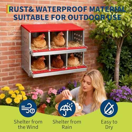 Metal Chicken Nesting Boxes - 8 Hole Wall-Mountable Laying Boxes with Flip-Top Lid & Roll-Away Egg Collection, Weatherproof Galvanized Steel, Includes 8 Fake Eggs for Chicken Coop, Red - color: Red, size: 6 compartment with Flip-top Egg collection box