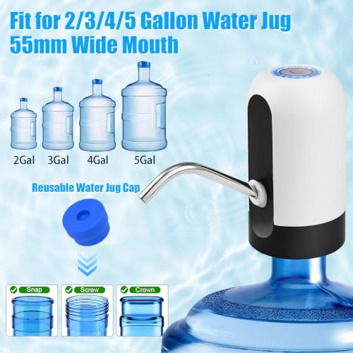CHIVENIDO 5 Gallon Water Dispenser - Water Bottle Pump with Reusable Cap for Screw Top or Crown Tops, USB Charging Water Jug Dispenser for Universal 2-5 Gallon Bottle (White) - color: White