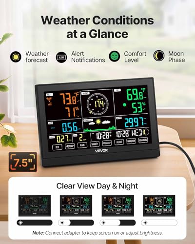 VEVOR 7-in-1 Wi-Fi Weather Station with APP, 7.5-Inch VA Display, Wireless Solar Powered Outdoor Sensor, Rain Gauge, Indoor Outdoor for Weather Forecast, Wind Speed, Temperature, Humidity, Rainfall - style: 7-in-1 WiFi with APP