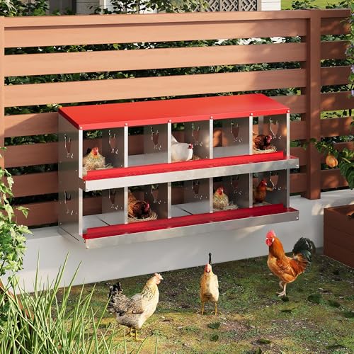 10-Compartment Metal Chicken Nesting Box - with Perch, Secure Lid & Metal Legs, Wall-Mount or Free-Standing Nesting Boxes for Hens - color: red, size: 10 Compartments
