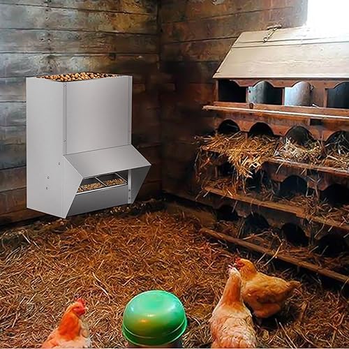 Galvanized Chicken Feeder, Poultry Feeders No Waste 30LBS Capacity, Rat Proof Hanging Chicken Feeder with Lid, Weatherproof Steel Outdoor Coop Food Dispenser for Chicken and Duck, Silver