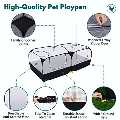 Small Animals Playpen,Pet Cage Tent Large Chicken Run Coop with Detachable Bottom Breathable Transparent Mesh Walls, Foldable Pet Enclosure for Puppy Kitten Rabbits Indoor Outdoor Playpen - color: Black with Detachable Bottom