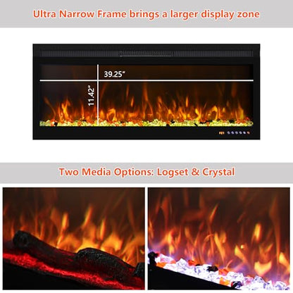 42 Inch Smart Wall Mount & in Wall Recessed Electric Fireplace Insert,App Control, Multi Colors of Flame & Fuel Bed,Timer & Thermostat & Low Noise,750W/1500W Indoor Heater, Black - size: 42 Inch WiFi