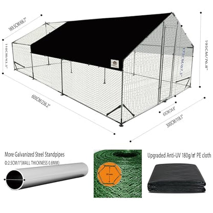 Chicken Runs for Yard with Cover, Metal Chicken Coop, Upgraded Anti-UV 180g/㎡ PE Cloth & 1.1mm Thickened PVC-Coated Hexagonal Chicken Wire Mesh & More Galvanized Steel Standpipes,19.7×9.8×6.4FT - size: 236.0"L x 118.0"W x 77.0"H