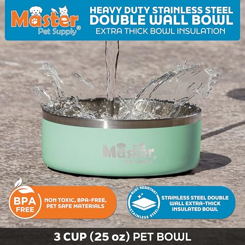 Master Pet Supply Stainless Steel Dog Bowls - 25 oz, Heavy Duty - Pistachio, Double Wall Extra-Thick Insulated, Non-Slip Pet Water Bowl for Dogs, Cats & Pets, Anti Rust Metal, Dish Washer Safe - color: Pistachio, size: 3 Cups (25 oz)