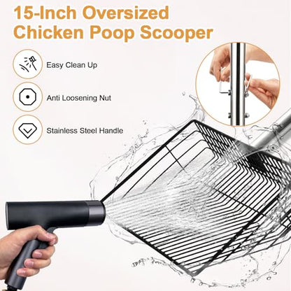 15" Chicken Poop Scooper & Rake, Metal Chicken Coop Scoop for Poop with 24 to 68" Adjustable Stainless Steel Handle, Litter Scooper Sifting Shovel Chicken Coop Accessories