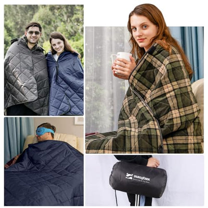 DUKUSEEK Waterproof Camping Blanket with Super Thick Fleece Lining, Large Outdoor Blanket Windproof with Foldable Hood for Camping Stadium Sporting Events,79"x 58" - color: Wine Red Outer With Blue Plaid Fleece