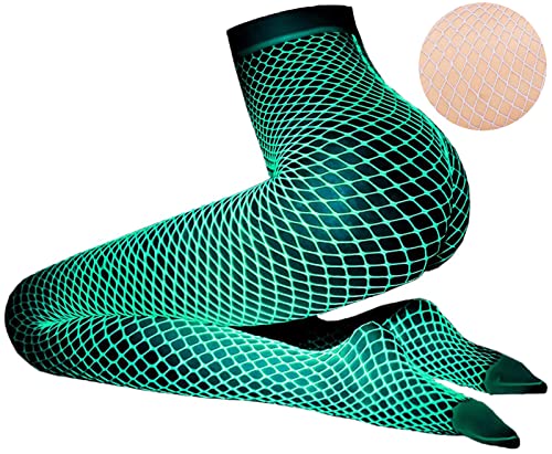 Glow in the Dark Fishnets Stockings, High Waist Tights Party Stockings for Womens - color: White-green