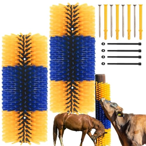 Livestock Scratching Brush, 2 Pack Goat Scratcher for Itch Relief | Cow Goat Horse Scratching Post for Self-Grooming , Upgraded No-Strip Screws for Easy Install Barn Farm , Protects Fence - color: yellow Blue yellow