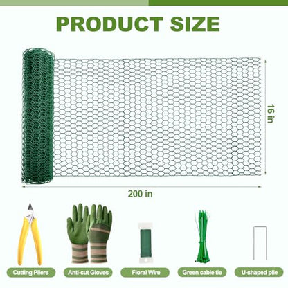 All-in-One 200 Inch Plant Protectors from Animals Kit - 0.85mm Heavy Duty Chicken Wire Cloche,Free-Cut Wire Mesh Roll Includes Pliers, Gloves, Ties, Stakes for Custom Outdoor Cages (16 * 200 Inch) - size: 16*200 Inch