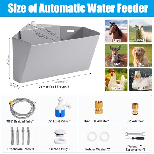 1.6Gal Automatic Livestock Waterer with Float Valve for Horse Dog | Self-Filling Drinking Trough Corner Wall Mount, Stainless Steel, with Drainage Hole, Space-Saving Design, Easy to Install