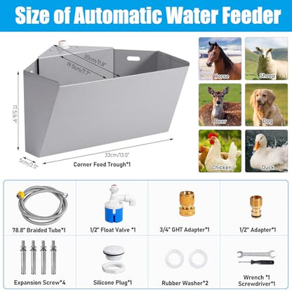 1.6Gal Automatic Livestock Waterer with Float Valve for Horse Dog | Self-Filling Drinking Trough Corner Wall Mount, Stainless Steel, with Drainage Hole, Space-Saving Design, Easy to Install