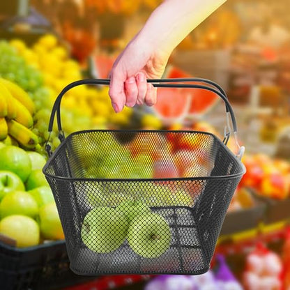 SSWBasics Black Metal Shopping Basket with Handles - 17”W x 12”D x 7”H - Durable and Sleek Grocery Basket for Grocery, Market, Retail, and Thrift Stores - Lightweight, Stackable Shopping Baskets for