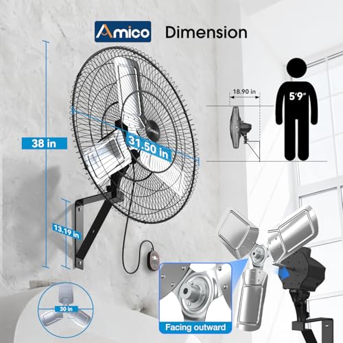 Amico 30 Inch Heavy Duty Wall Mounted Fan with Remote Control, DC Motor, 8 Speeds, High Velocity, Indoor/Outdoor Oscillating Industrial Shop Fan with Timer for Gym, Patio,Garage, Warehouse - size: 30 Inch