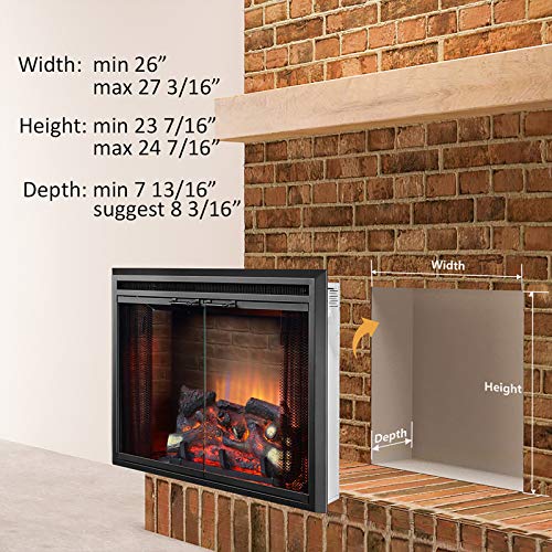 PuraFlame Klaus Electric Fireplace Insert with Fire Crackling Sound Glass Door and Mesh Screen, 750/1500W, Black, 26 Inches Wide, 23 3/16 Inches High, 26 W X 23 3/16 H X 7 51/64 D - size: 26" without Trim
