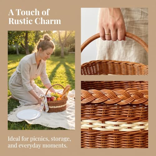 Wicker Basket with Handles, PP Woven Empty Picnic Basket, Vintage Hand Woven Hamper for Picnics Easter Egg Gathering Camping Mother's Day Wedding Birthday Party Supplies, Style F