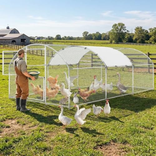 Large Metal Chicken Coop, 9.8' W x 19.7' L x 6.6' H Walk-in Poultry Cage, Chicken Run Pen House with Waterproof & Anti-Ultraviolet Cover & Lockable Doors for Outdoor