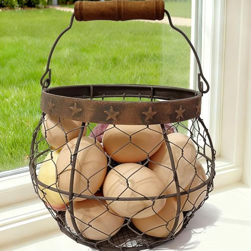 TAIANLE. Wire Egg Basket for Gathering Fresh Eggs, Rustic Farmhouse Chicken Egg Collecting Basket with Handle Star Decor for Kitchen Storage Holder Organizer Easter Display Decoration