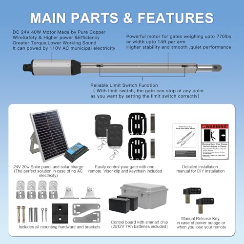 X X-HOUSE C05 Automatic Gate Opener with Solar Panel & Batteries for Light to Medium Duty Dual Swing Gates Up to 770lb per Arm Electric Gate Opener with 2 Remotes Complete Kit Solar Powered - size: 770lb Solar Dual Gate Opener