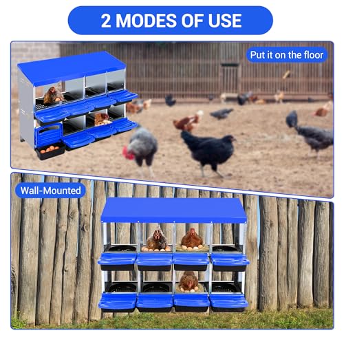 8-Hole Chicken Nesting Box, 2-Tier 8 Compartment Metal Roll Away Egg Laying Box with Lid & Legs, Easy Egg Collection, Galvanized Steel Rustproof Poultry Laying Boxes for Hens, Ducks, Farm, Yard - size: 8 holes-Blue