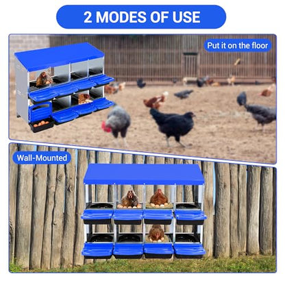 8-Hole Chicken Nesting Box, 2-Tier 8 Compartment Metal Roll Away Egg Laying Box with Lid & Legs, Easy Egg Collection, Galvanized Steel Rustproof Poultry Laying Boxes for Hens, Ducks, Farm, Yard - size: 8 holes-Blue