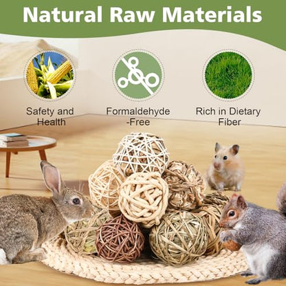 Bunny Chew Grass Balls, Rolling Chew Toys for Small Animals, Improving Dental Health, Natural Chew Grass Toys for Rabbits, Guinea Pigs, Chinchillas, Hamsters, Mice (16 Pcs) - size: Rabbit balls-16P