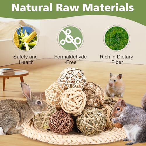 Bunny Chew Grass Balls, Rolling Chew Toys for Small Animals, Improving Dental Health, Natural Chew Grass Toys for Rabbits, Guinea Pigs, Chinchillas, Hamsters, Mice (16 Pcs) - size: Rabbit balls-16P
