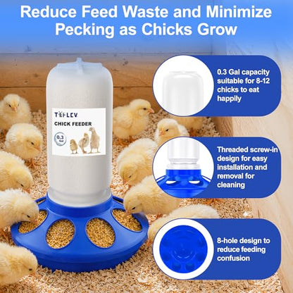 Baby Chick Feeder and Waterer Set with Adjustable Height, Anti-Drown Poultry Waterer for Raising Chicks in Brooder (0.3 Gal Chick Feeder & 0.4 Gal Chick Waterer, Blue)