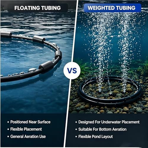 Self Sinking Aeration Hose, 3/8" ID 656FT, Sturdy PVC Line, Packaged with 4 Brass Connectors & 4 Stainless Clamps for In-ground Ponds, Home Garden and Small Farm Water Bodies