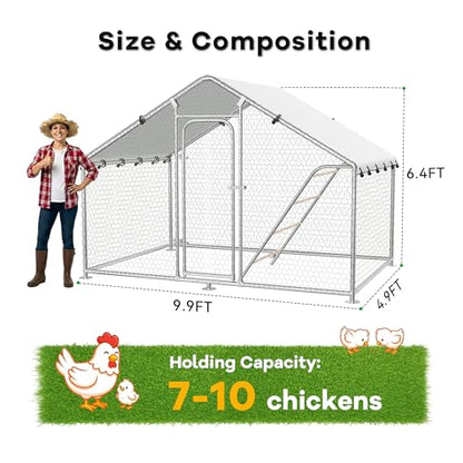 Large Metal Chicken Coop with Roosting Perch, Waterproof and UV-Resistant Cover,Outdoor Walk-in Cage Hen House for Yard Farm Rabbit Duck Chicken Run with Spire Roof(9.9'W x 5'L x 6.4'H) - size: 59.9"L x 118.0"W x 78.0"H