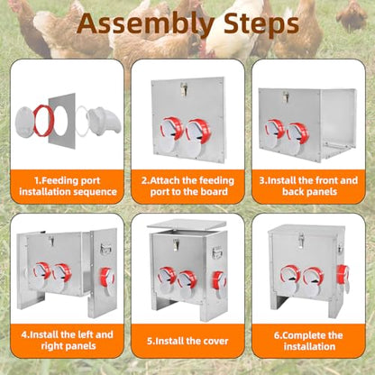 Automatic Poultry Chicken Feeder No Waste Metal Large Capacity 30 lbs Feeders for Chickens Ducks, Geese Bantams Pheasants Coop Weatherproof (4-Port) - size: 4-Port