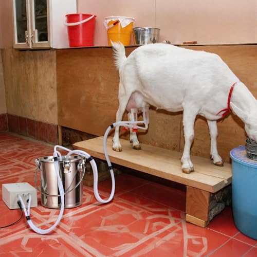 14 L Goat Milking Machine, 304 Stainless Steel Bucket, Electric Automatic Pulsation Vacuum Milker, Portable Milker with Food-Grade Silicone Cups and Tubes, Adjustable Suction for Cows and Sheep