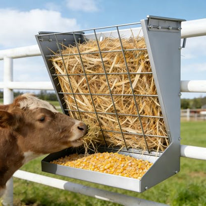 Wall Mount Hay Feeder,2 in 1 Hay & Grain Livestock Feeder,Heavy-Duty Metal Wall Mount Hay Rack for Goats/Sheep, Horses, Cattle
