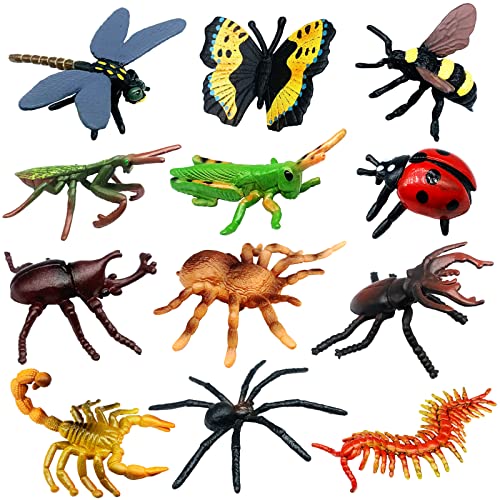 12 PCS Realistic Insect Animal Figurines, Assorted Plastic Bug Animal Toys Set for Birthday Cake Topper, Garden Decoration, Party Favors, Kids School Project - color: Insects