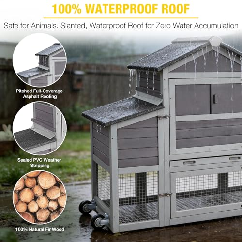 Aivituvin Large Chicken Coop with Wheels, Outdoor Hen House Mobile Poultry Cage with Run, Weatherproof Asphalt Roof, Sectionable Nesting Box, Leakproof Pull-Out Tray for 4-6 Chickens - Grey - size: 80.7"L x 22.0"W x 44.1"H