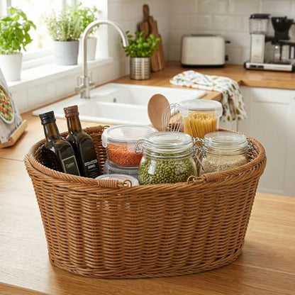 Wicker Picnic Basket, Large Empty Harvest Basket with Handle, Hand Woven Oval Willow Candy Storage Basket for Easter Eggs, Fruit, Flower, Wedding