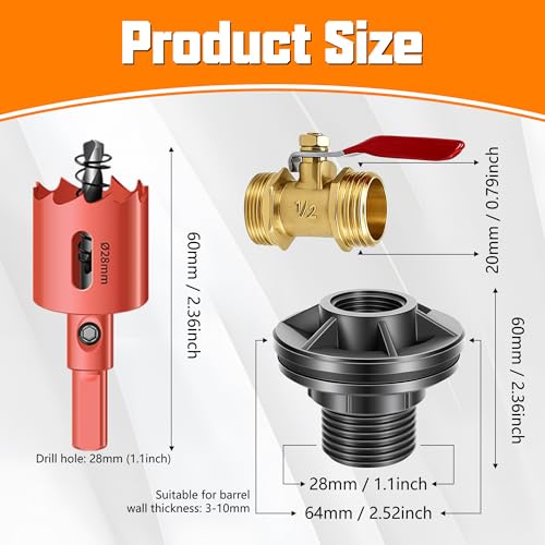 QTG Rain Barrel Spigot Kit 1/2" GHT Quarter Turn Ball Valve with Bulkhead Fitting, Brass Faucet & 28mm Hole Saw for Water Containers & Garden Rainwater Tanks (Brass) - color: 1/2"