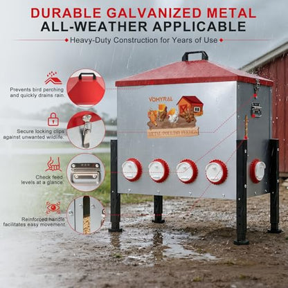 Automatic Chicken Feeder, 130LB Large Chicken Feeder with 10 Feeding Ports, No Waste Metal Poultry Feeder, Rat Proof Design, View Window, Height-Adjustable Legs for Ducks, Geese & Chickens - size: 10 Ports - Max 130 lb