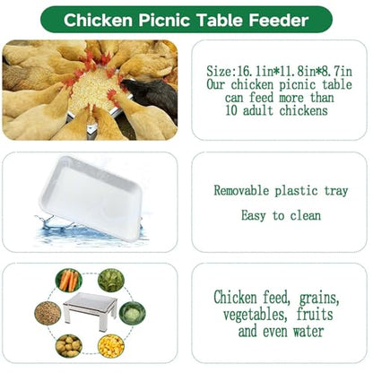 Large Chicken Picnic Table Feeder No Waste with Removable Plastic Tray,Chicken Coop Accessories Must Haves,Poultry Feeder,Chicken Food Dispenser - color: White-Brown, size: 16.1in*11.8in*8.7in