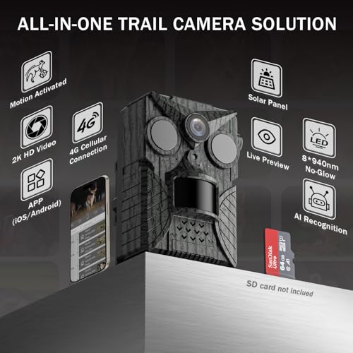 Solar Cellular Trail Camera 4G LTE, Preloaded Trial SIM, No Monthly Fees (Use Your Own SIM), Sends Pictures to Phone, 2K Live Video 10000mAh Battery 0.2s Trigger IP66 Game Cam for Farm Hunting