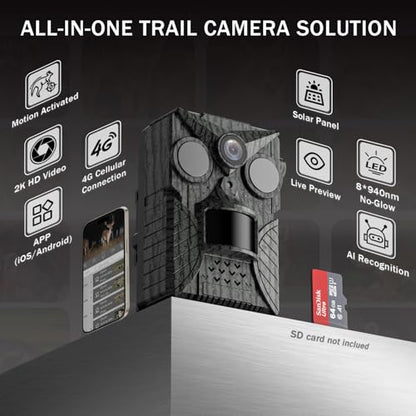 Solar Cellular Trail Camera 4G LTE, Preloaded Trial SIM, No Monthly Fees (Use Your Own SIM), Sends Pictures to Phone, 2K Live Video 10000mAh Battery 0.2s Trigger IP66 Game Cam for Farm Hunting