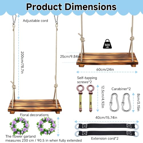 Swing Seat with Floral Garland, for Adults, Indoor and Outdoor | 24"x 8" Large Seat, 500lbs Capacity, Adjustable Rope And Tree Straps Included, Wooden Swing For Patio Garden Balcony