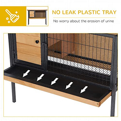 PawHut Rabbit Hutch Elevated Bunny Cage Small Animal Habitat with Metal Frame, No Leak Tray, Metal Wire Pan, Openable Water-Resistant Asphalt Roof for Rabbits, Chickens, Ducks, Indoor/Outdoor Natural - color: Natural Wood