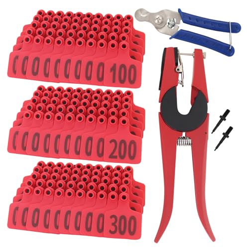 Cattle Ear Tags 001-300 Number Plastic Livestock Animal Tag for Cows Ear Tag Applicator Kit (001-300, Red) - color: Red