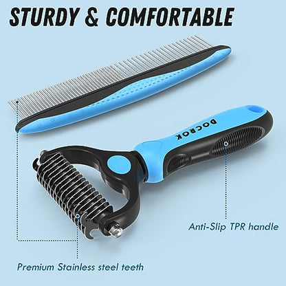 Docrok Pet Grooming Combo - Blue Deshedding Brush with Metal Comb for Detangling and Dematting Long, Matted Fur on Cats and Dogs - color: Blue