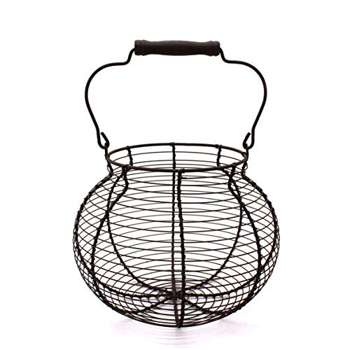 CVHOMEDECO. Antique Wire Egg Basket with Wood Handle Primitives Vintage Gathering Basket. Rusty - size: 8-1/4" Dia. x 7-1/4" H - Rusty