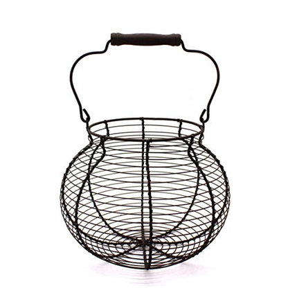 CVHOMEDECO. Antique Wire Egg Basket with Wood Handle Primitives Vintage Gathering Basket. Rusty - size: 8-1/4" Dia. x 7-1/4" H - Rusty